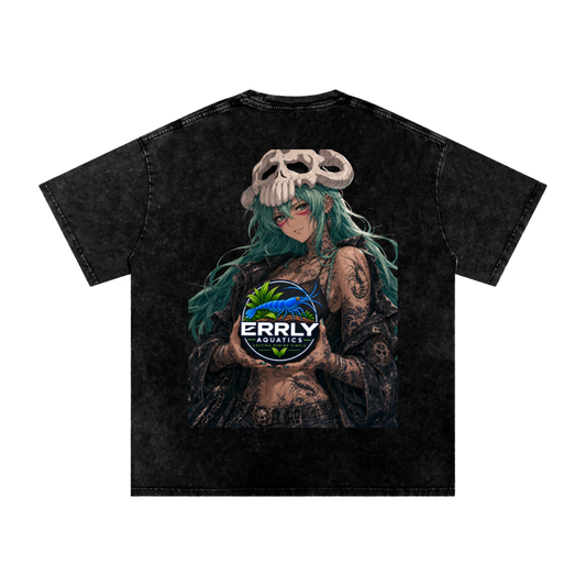 A black acid-wash t-shirt featuring a large graphic print of a tattooed Nell from Bleach with green hair wearing a skull mask, holding a globe with the brand logo 'ERRLY AQUATICS' on the front.