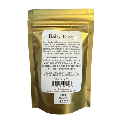 Shrimp Envy, Baby Envy pet food back packaging with text on a white background