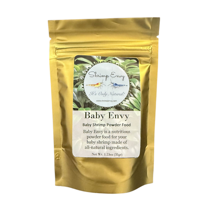 Shrimp Envy, Baby Envy pet food front packaging with text on a white background.