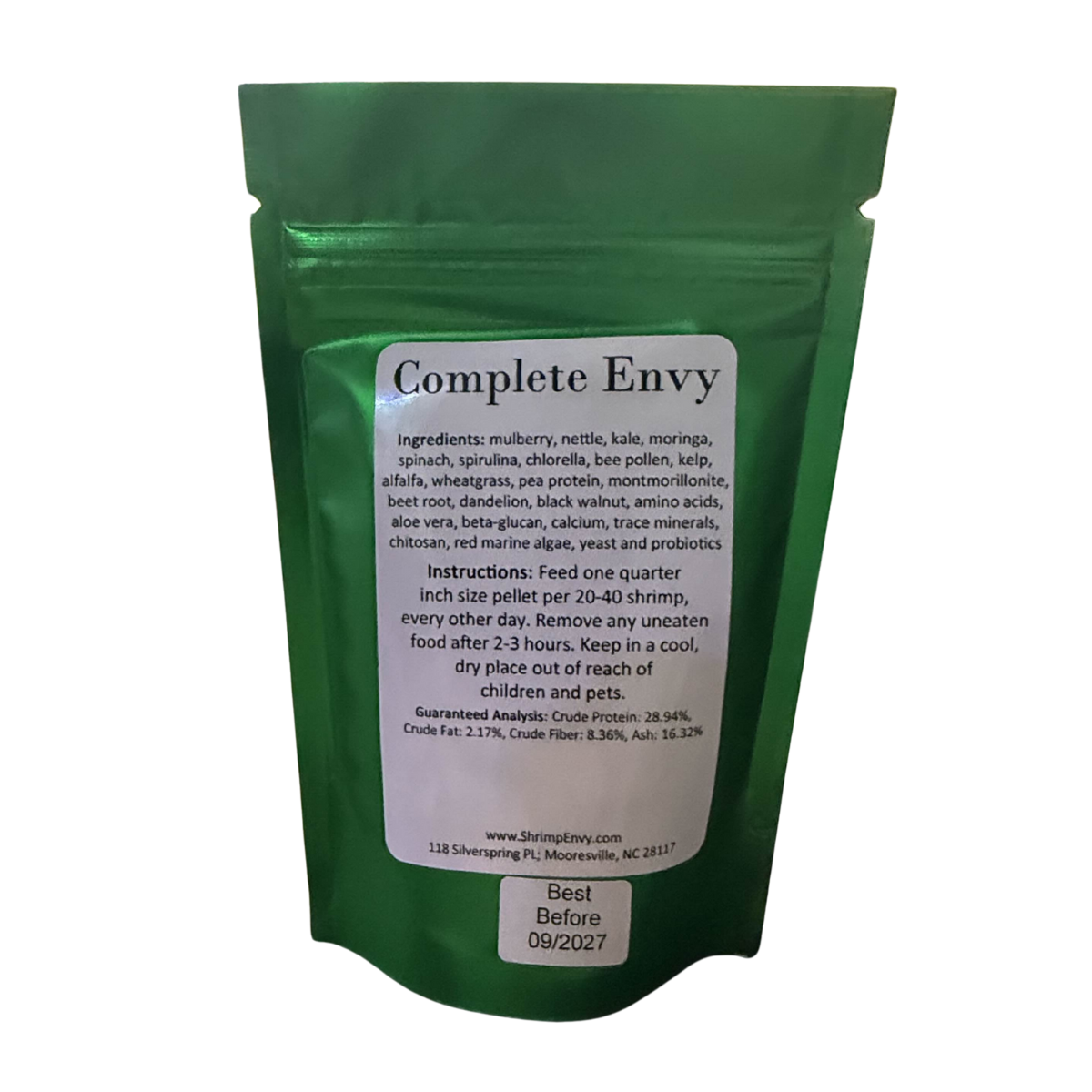 Shrimp Envy, Complete Envy pet food back packaging with text on a white background