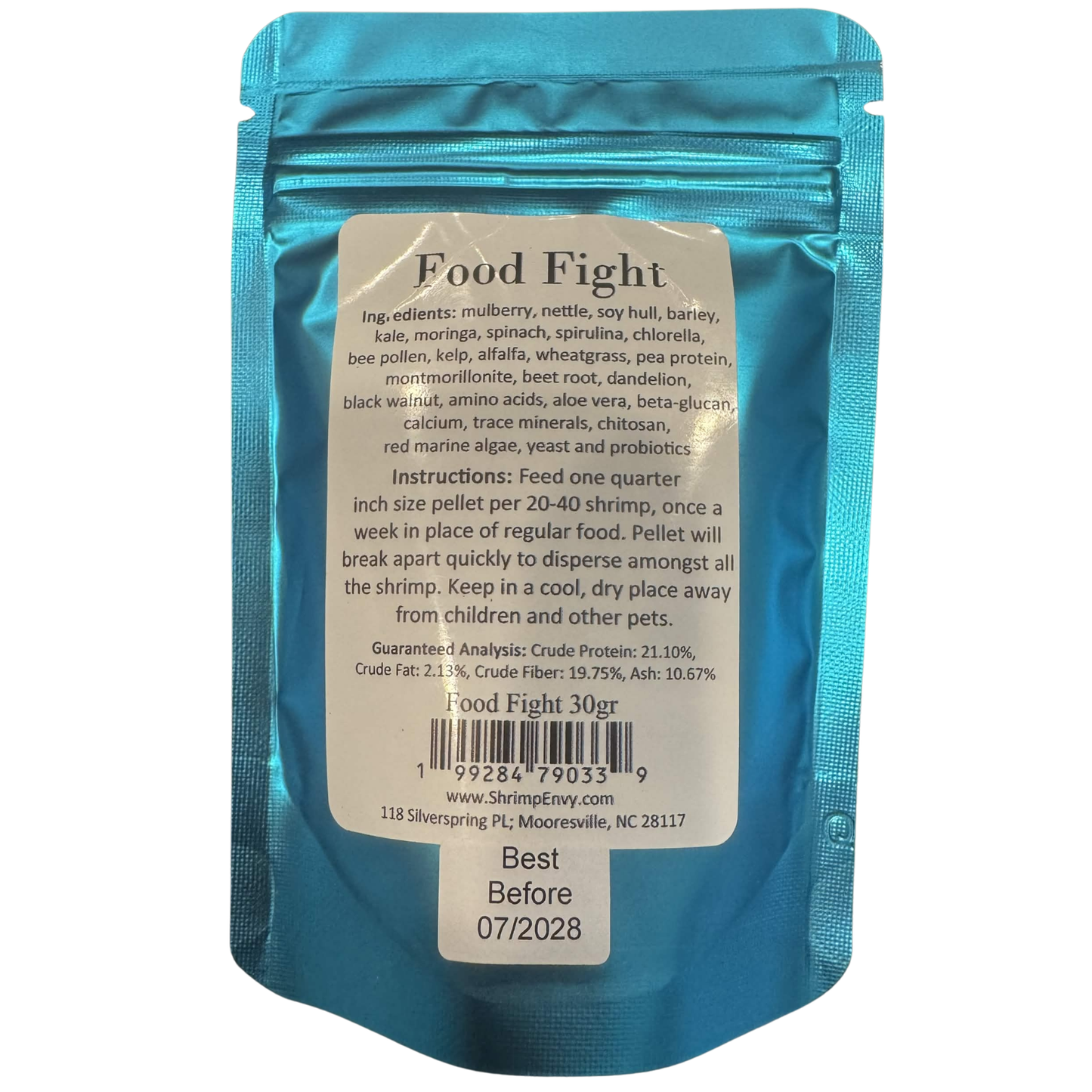 A 30g Shrimp Envy stand-up pouch of 'Food Fight' shrimp pellets, showing the back of the packaging with product details, ingredients, and instructions on a white background.