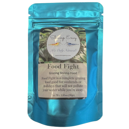 A 30g Shrimp Envy stand-up pouch of 'Food Fight' shrimp pellets, showing the front of the packaging on a white background.