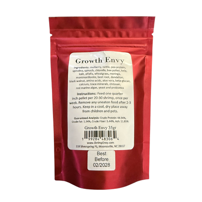 Shrimp Envy, Growth Envy pet food back packaging with text on a white background