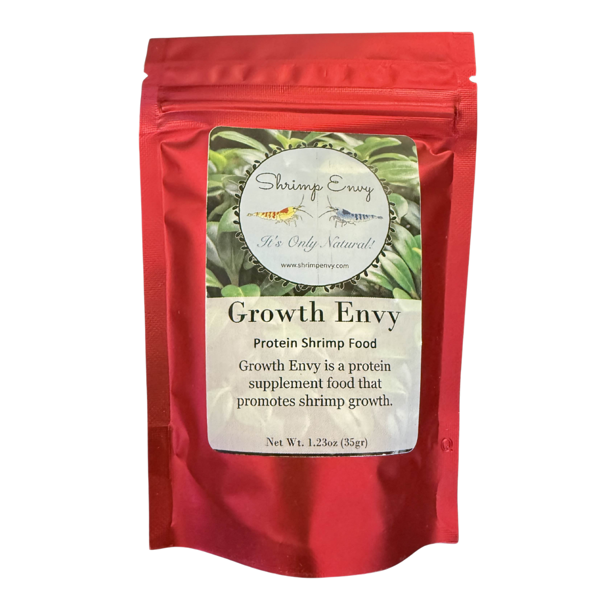 Shrimp Envy, Growth Envy pet food front packaging with text on a white background