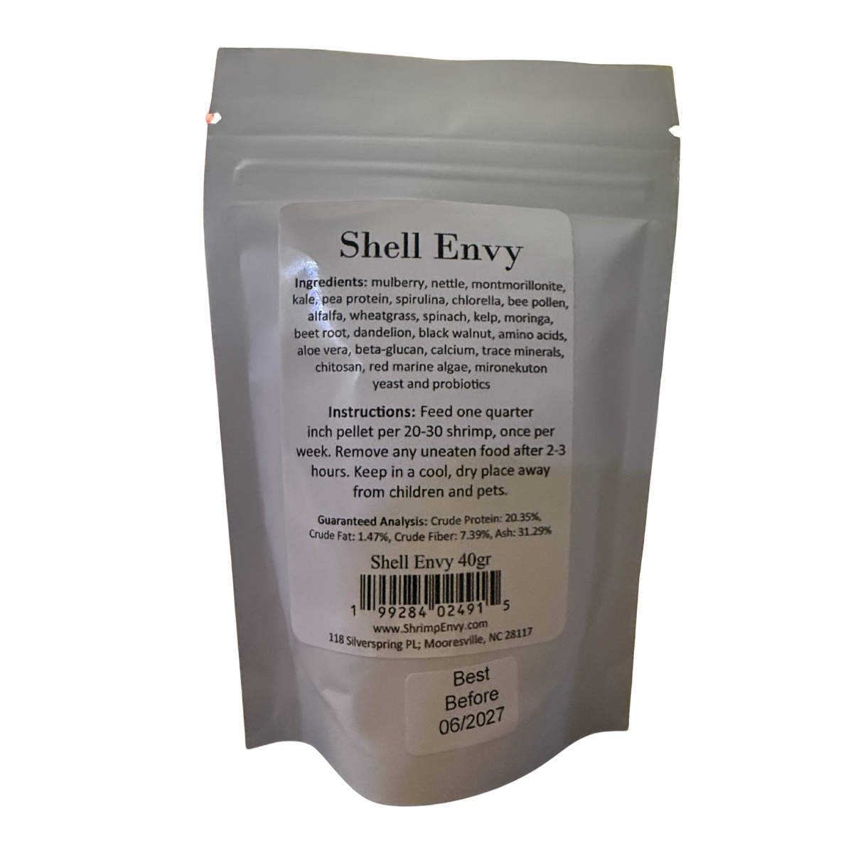 Shrimp Envy, Shell Envy pet food back packaging with text on a white background
